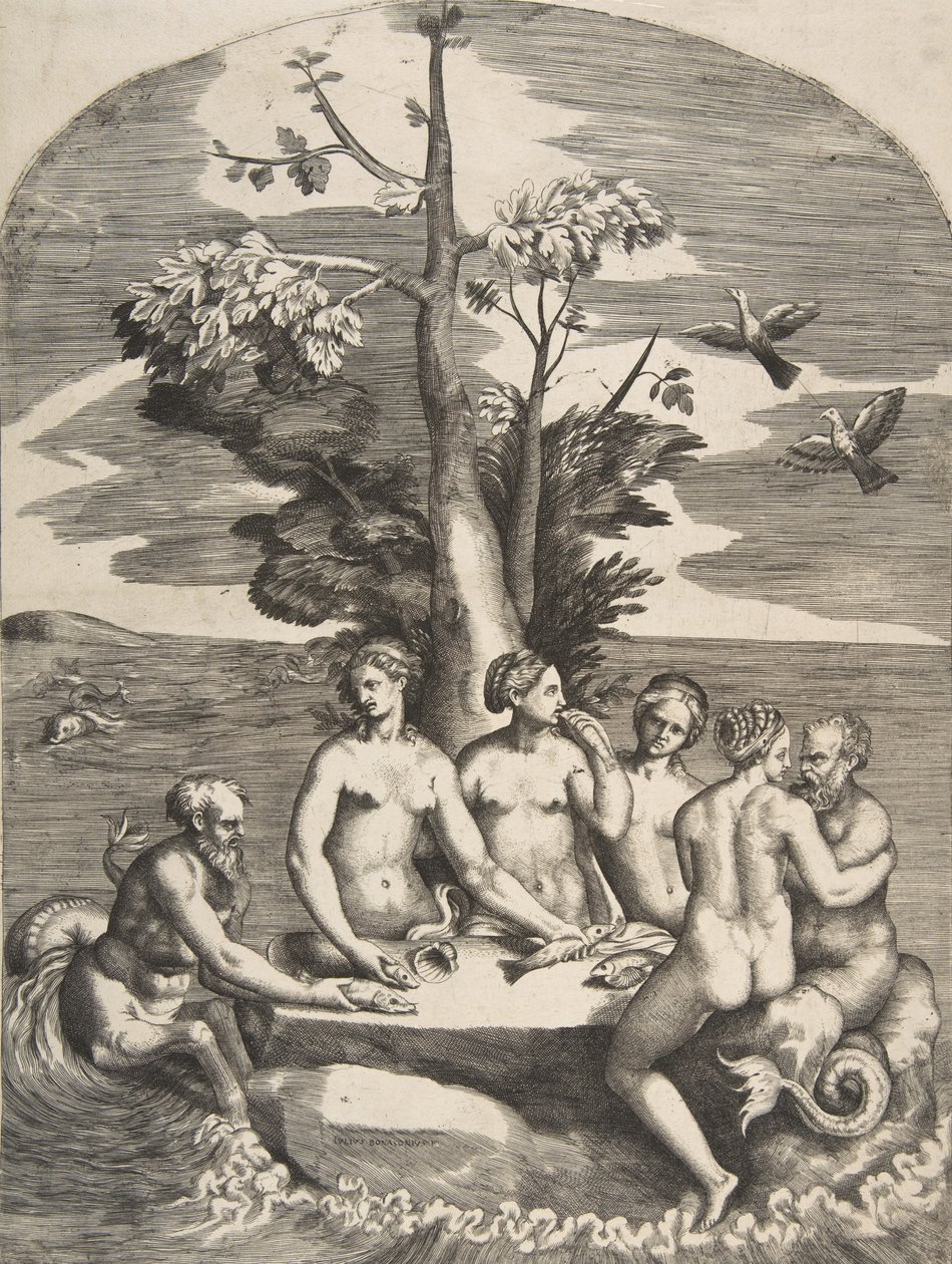Twee zeegoden vergezeld door vier nimfen, 1531-76 door Giulio Bonasone