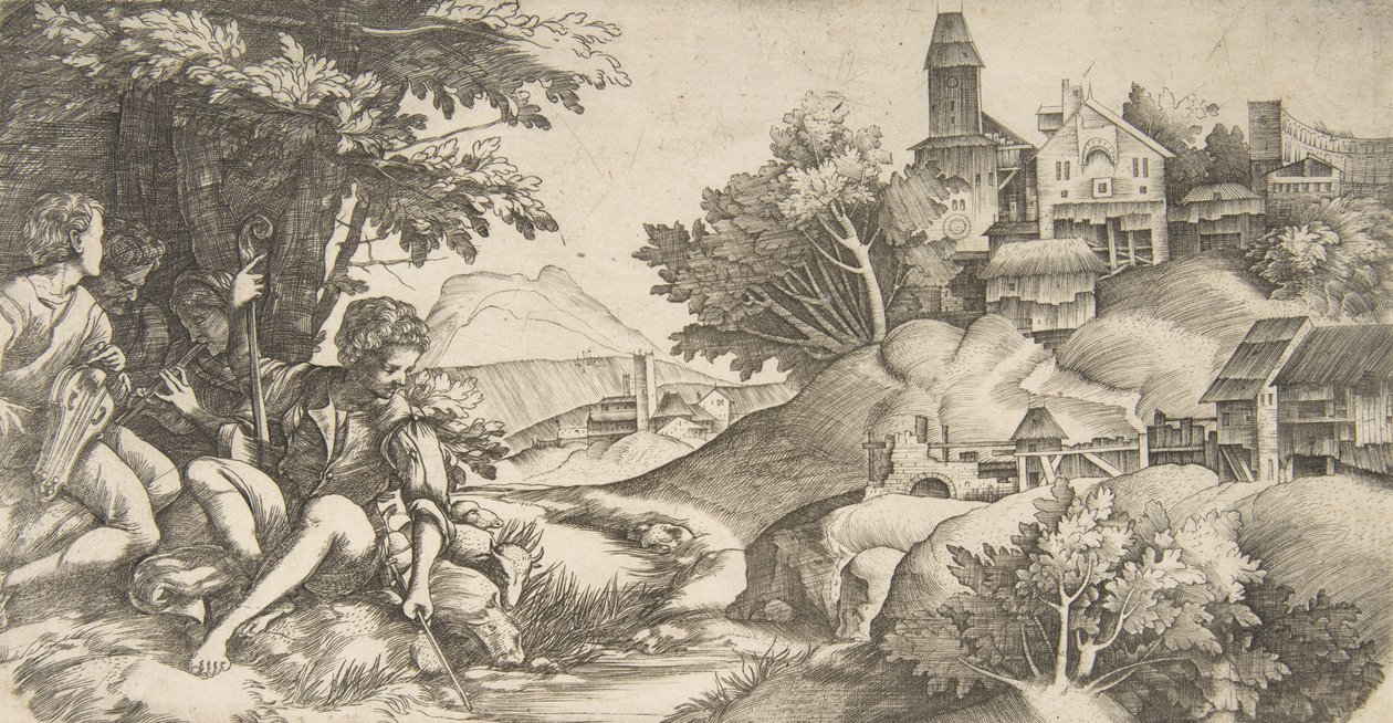 Links vier herders met muziekinstrumenten zittend onder een groep bomen door Giulio Campagnola