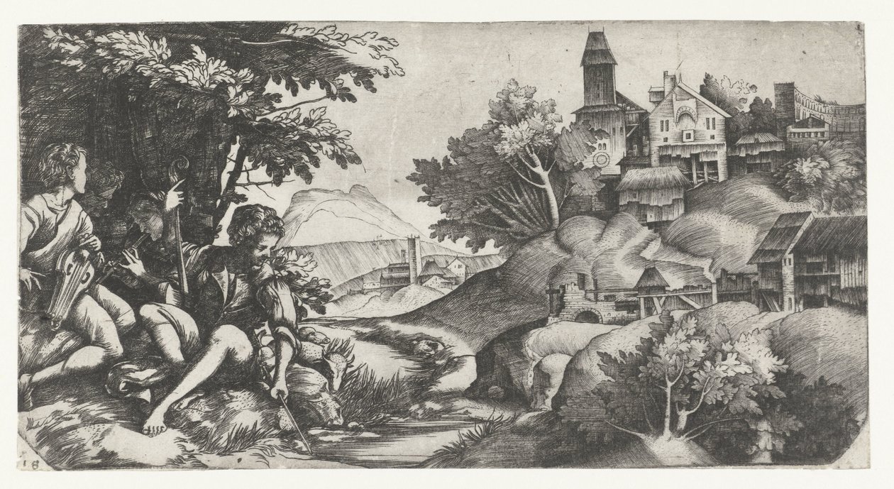 Musicerende herders in een landschap door Giulio Campagnola