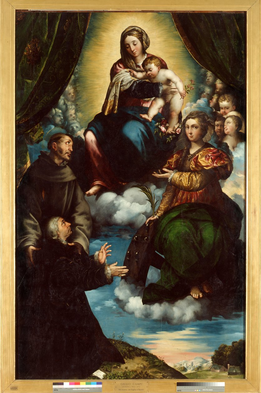De Madonna en Kind, Sint-Catharina van Alexandrië, Sint-Franciscus en Pietro Martire Stampa door Giulio Campi