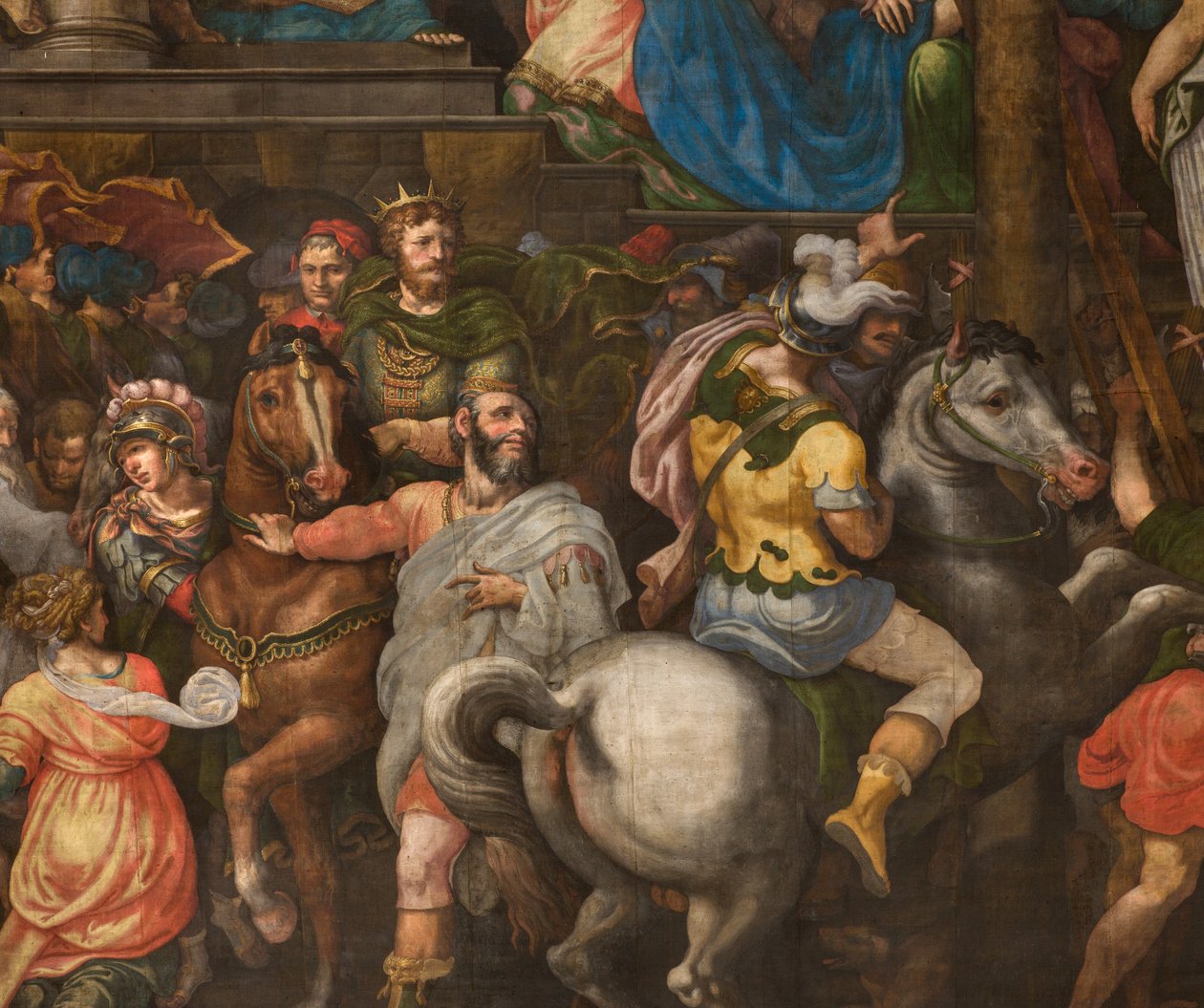 Muur tegenover de tegengevel van het zuidtransept, Giuseppe Campi, Triomf van Mordecai 1567, (detail) onderste deel door Giulio Campi