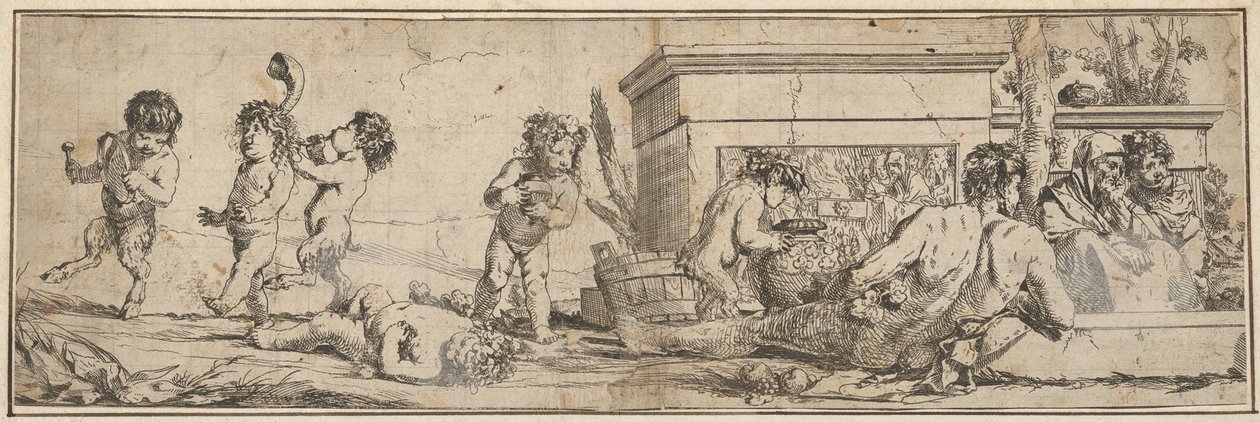 Bacchanaal met baby satyrs en putti links, een naakte mannelijke figuur ligt vooraan door Giulio Carpioni