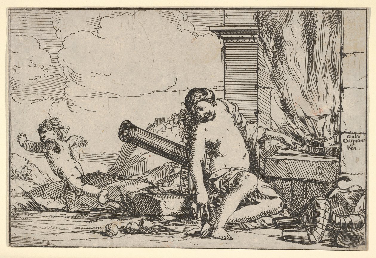 Vuur, voorgesteld door Venus zittend voor de smidse van Vulcanus, met harnas, een kanon door Giulio Carpioni