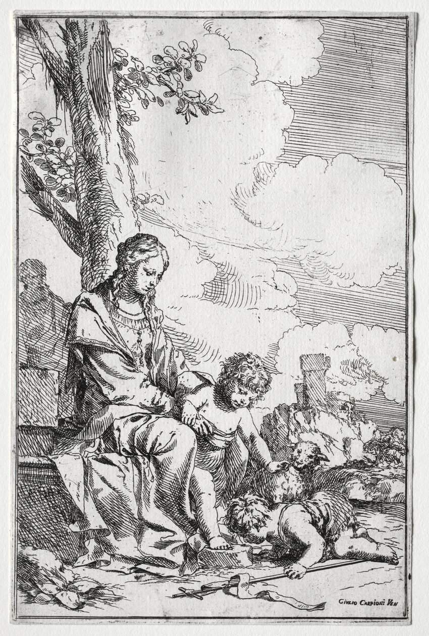 Heilige Familie met de jonge St. Johannes door Giulio I Carpioni