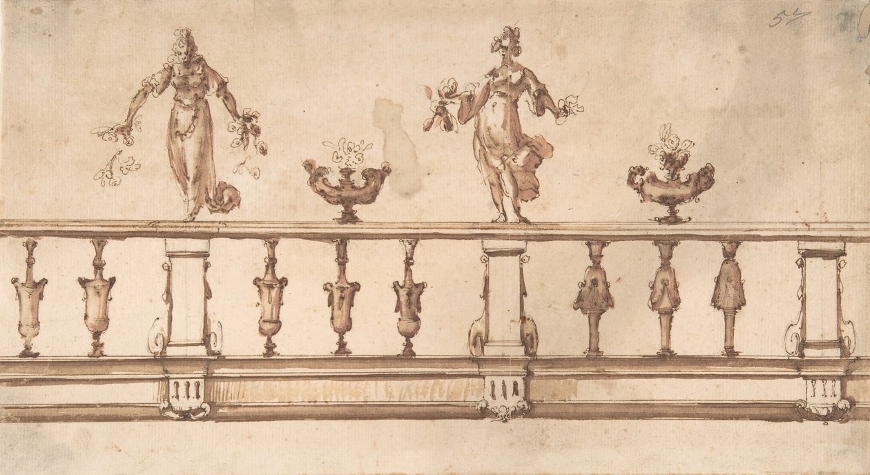 Ontwerp voor een balustrade met vrouwelijke figuren en urnen, 16e-17e eeuw door Giulio Parigi