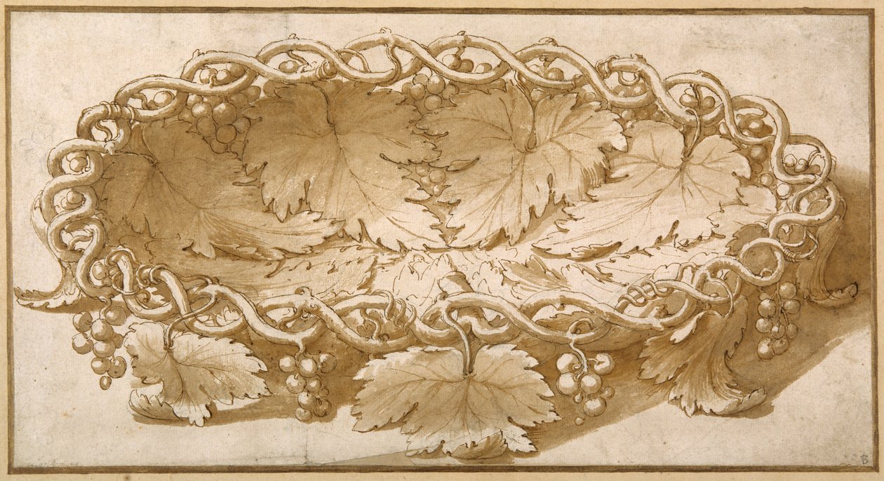 Ontwerp voor een ovale fruitschaal, met wijnranken, bladeren en druiven door Giulio Romano