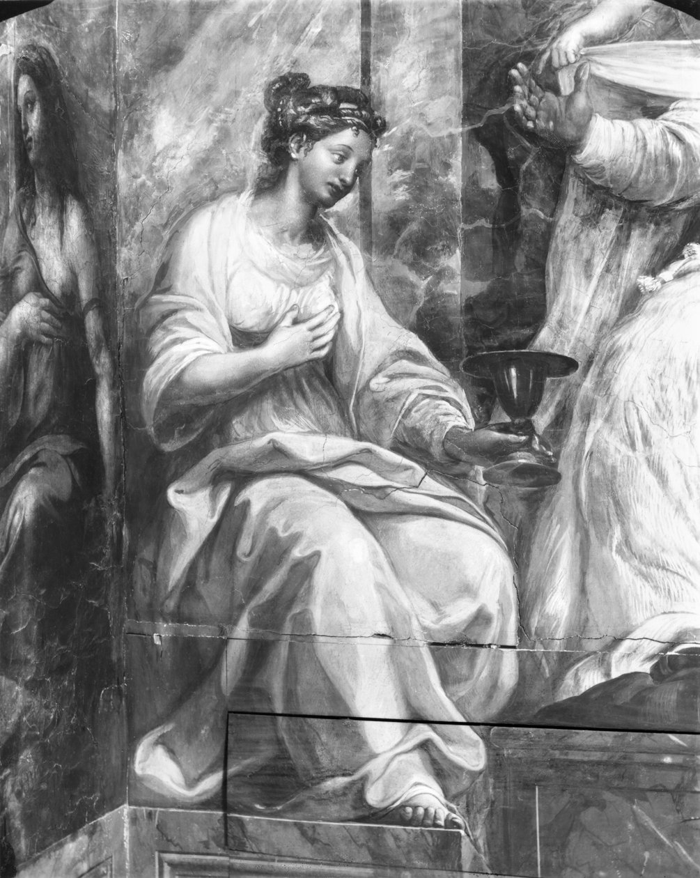 Geloof, een van de twee allegorische figuren rondom Paus Sylvester I (314-335) (detail) door Giulio Romano