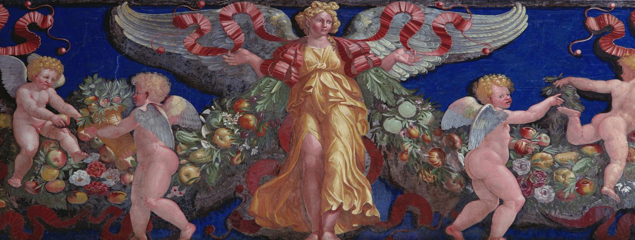 Fries van de Camera con Fregio di Amorini detail van een engel in een gouden jurk met gespreide vleugels (detail) door Giulio Romano