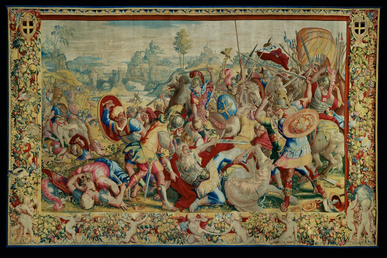 Het verhaal van Scipio: De slag bij Ticino, eerste stuk van het wandtapijt, wol en zijde, wandtapijt ... door Giulio Romano