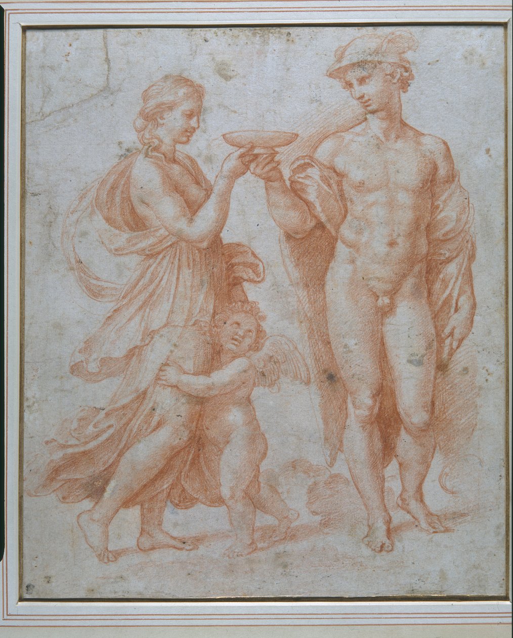 Mercurius biedt de Beker van Onsterfelijkheid aan Psyche aan door Giulio Romano