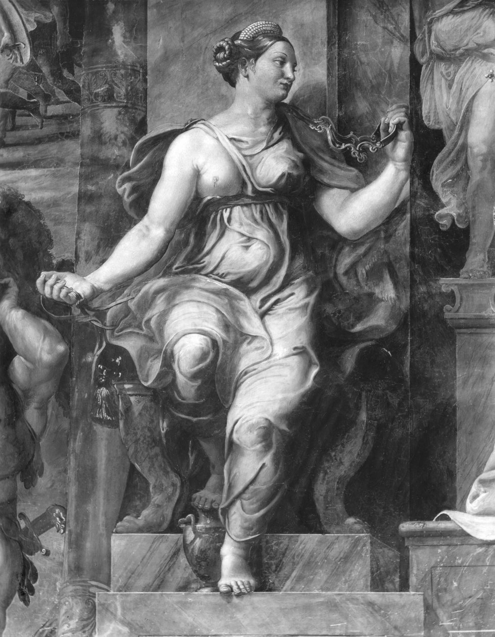 Matigheid, een van de twee Deugden rondom Paus Clemens I (1-97) (detail) door Giulio Romano