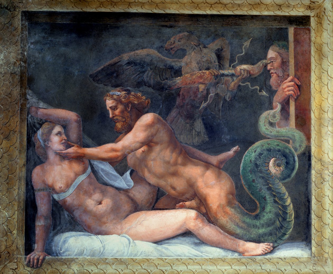 Olympia wordt verleid door Jupiter, wiens bliksemschicht wordt gegrepen door een adelaar die het oog van de jaloerse koning van Macedonië doorboort, uit de Sala di Amore e Psiche, 1528 door Giulio Romano