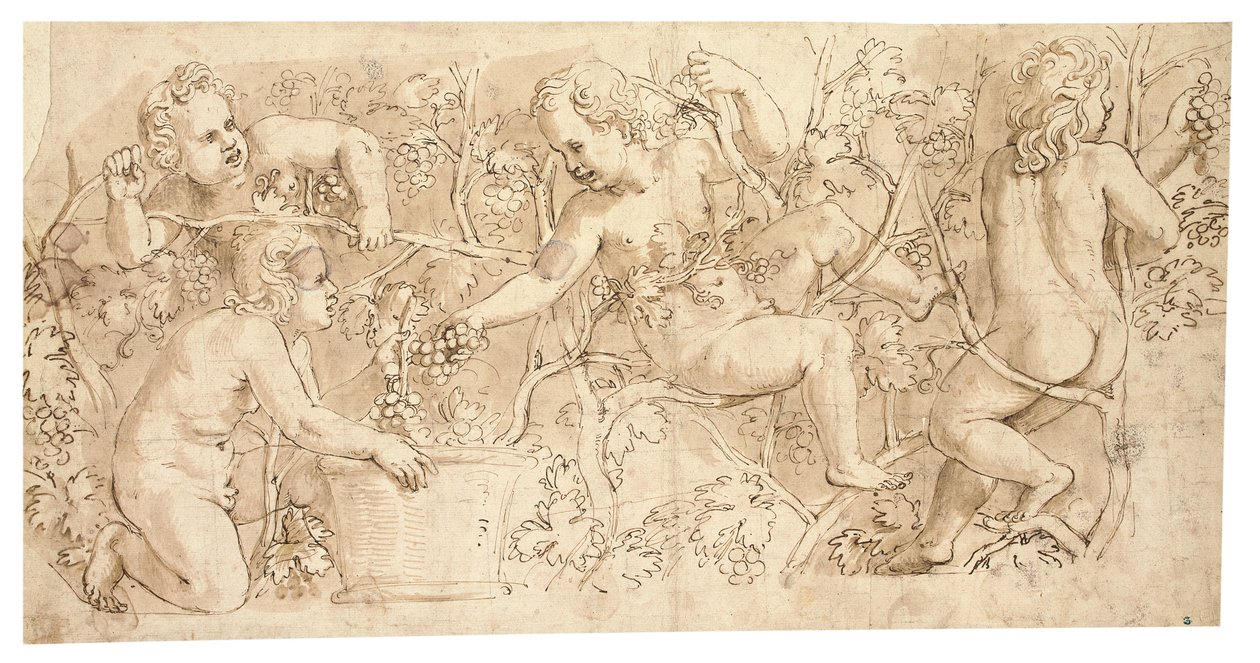 Putti die druiven plukken: Ontwerp voor een fries door Giulio Romano