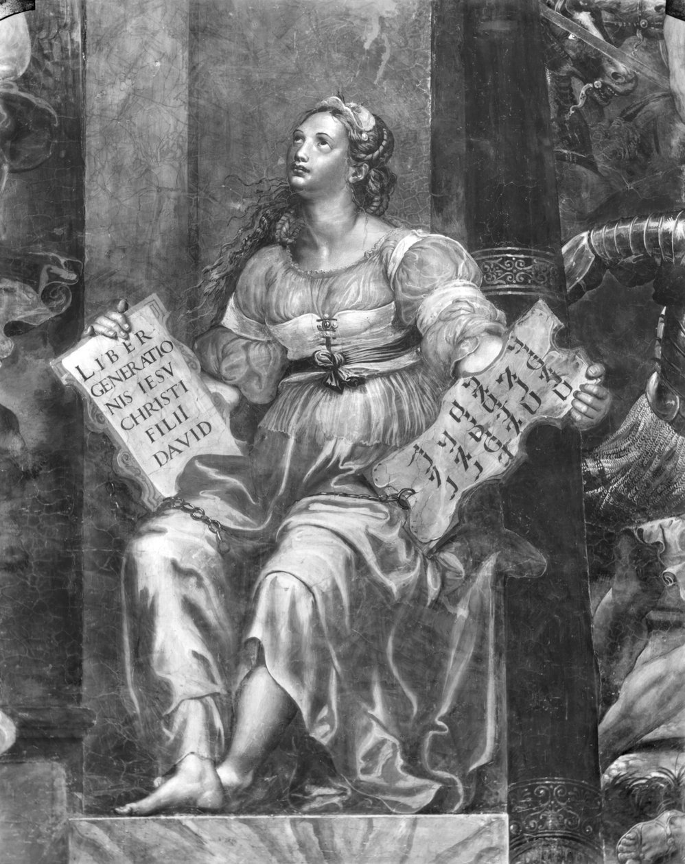 Religie, een van de twee allegorische figuren rondom Paus Sylvester I (314-335) (detail) door Giulio Romano