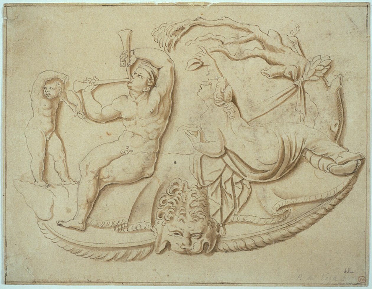 Sater met twee doedelzakken en putto en vrouw drinken uit boom door Giulio Romano