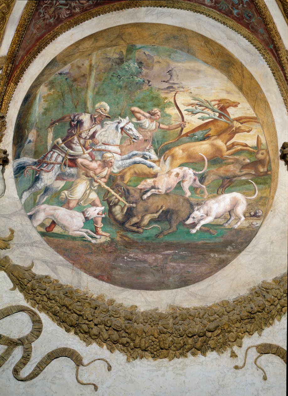 Scène die laat zien dat degenen die geboren zijn onder het teken Kreeft in combinatie met het sterrenbeeld Mars bedreven zullen zijn in jagen en vissen, gesymboliseerd door een jachtscène, uit de Camera dei Venti door Giulio Romano