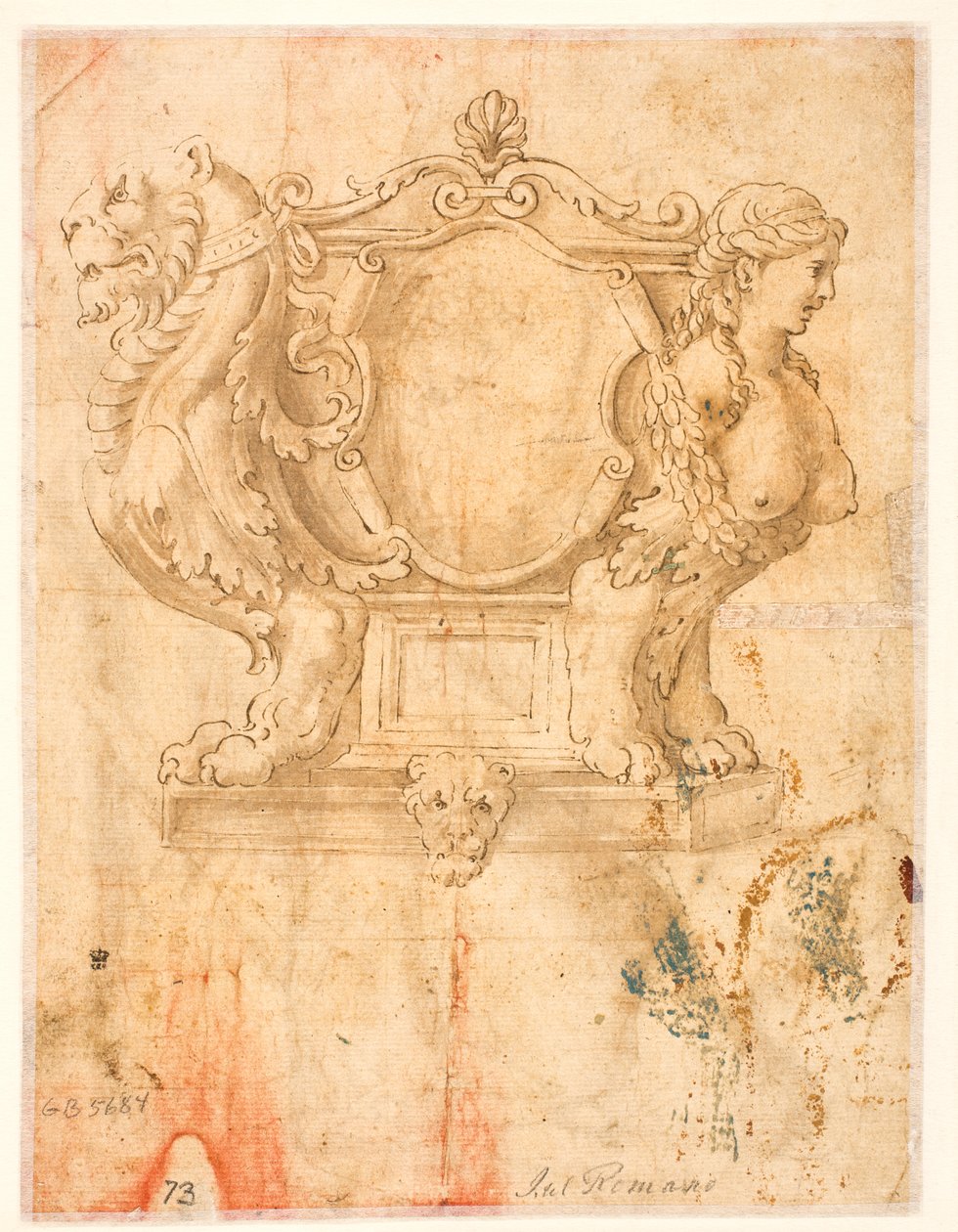 Skulptierter Sarg oder Sarg mit leerem Wappenschild door Giulio Romano