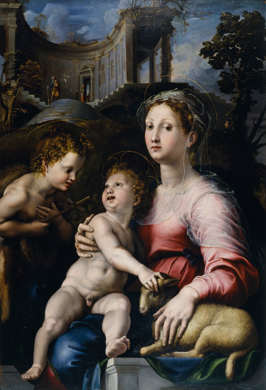 De Madonna met Kind en de heilige Johannes de Doper door Giulio Romano