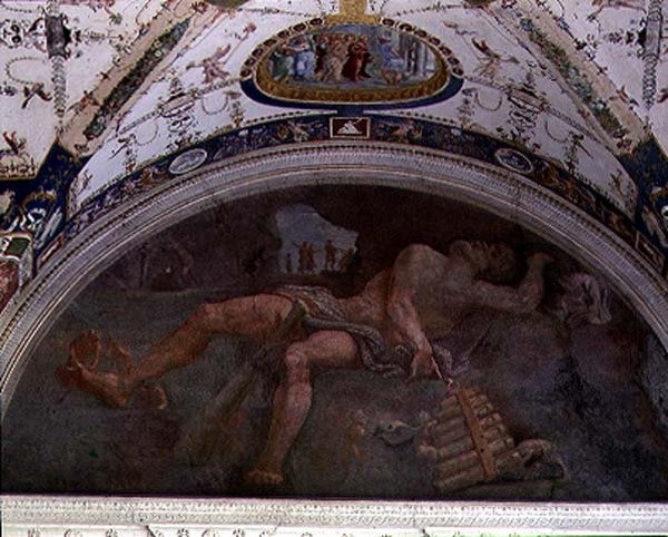 De loggia, detail (lunet in het gewelf met Pan en saters) door Giulio Romano