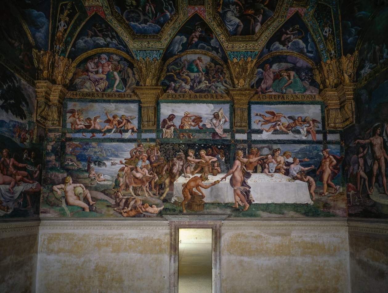 Bruiloftsfeest of banket van goden, fresco door Giulio Romano, westmuur van de Kamer van Cupido en Psyche, Palazzo Te, Mantua, Lombardije, Italië door Giulio Romano