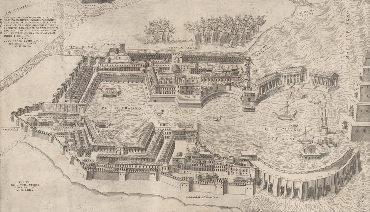 Speculum Romanae Magnificentiae: Vogelvlucht van de haven van Rome door Giulio de Musi