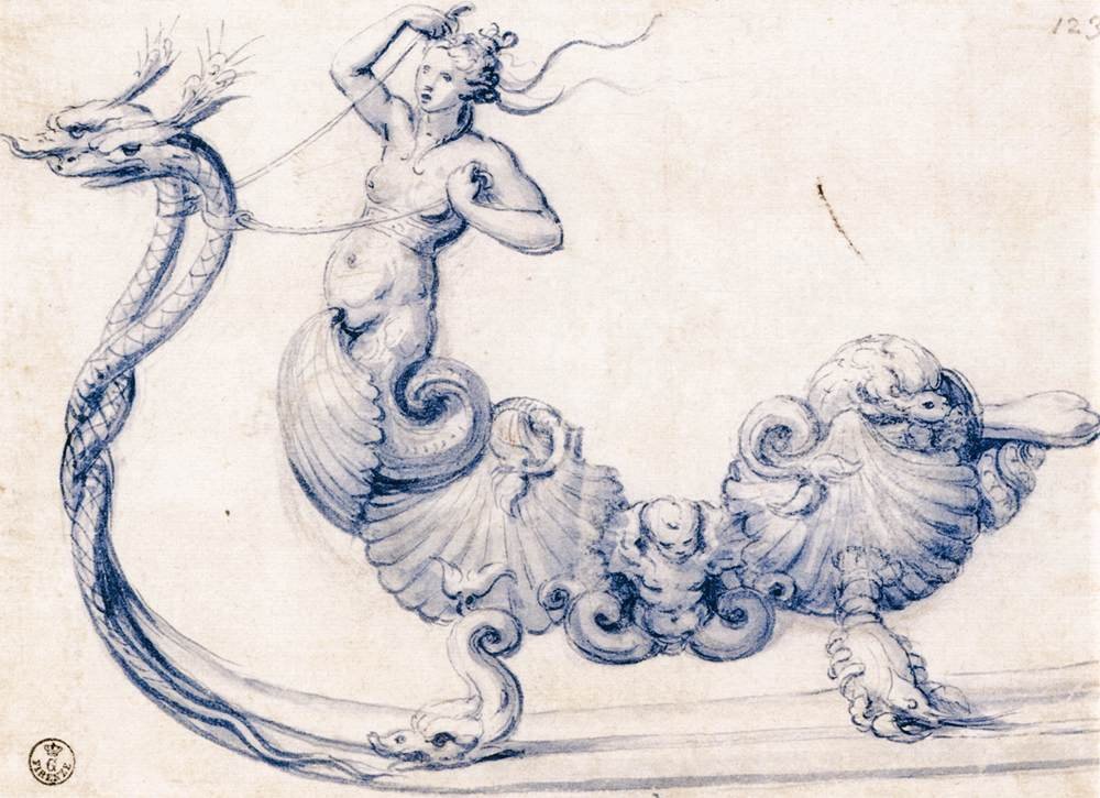 Schets voor een slee met figuren van sirenen door Giuseppe Arcimboldo