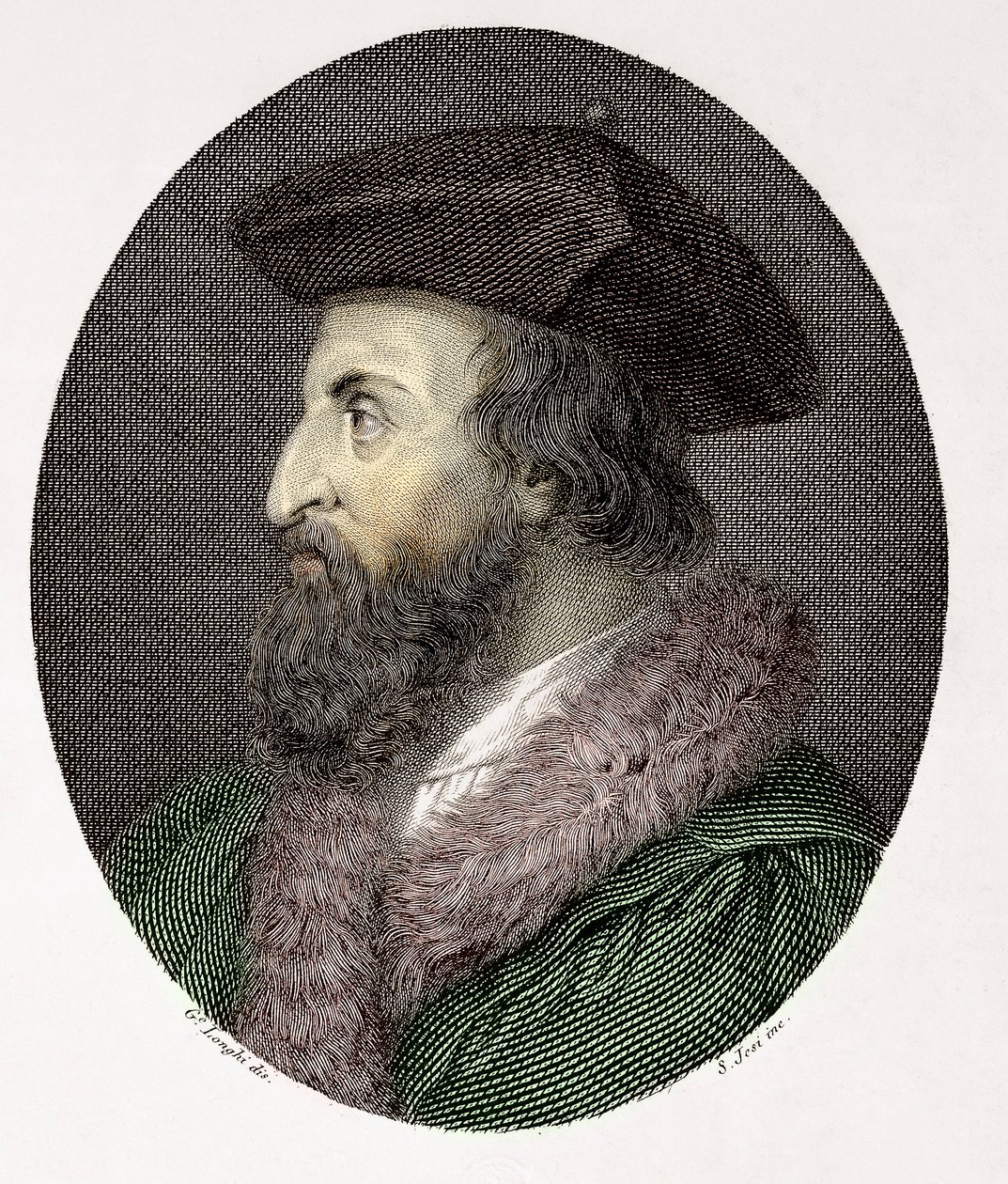 Portret van de Italiaanse arts, dichter en humanist Girolamo Fracastoro (Hieronymus Fracastorius of Jerome Fracastor) (1478/83-1553) Gravure Privécollectie door Giuseppe (after) Longhi