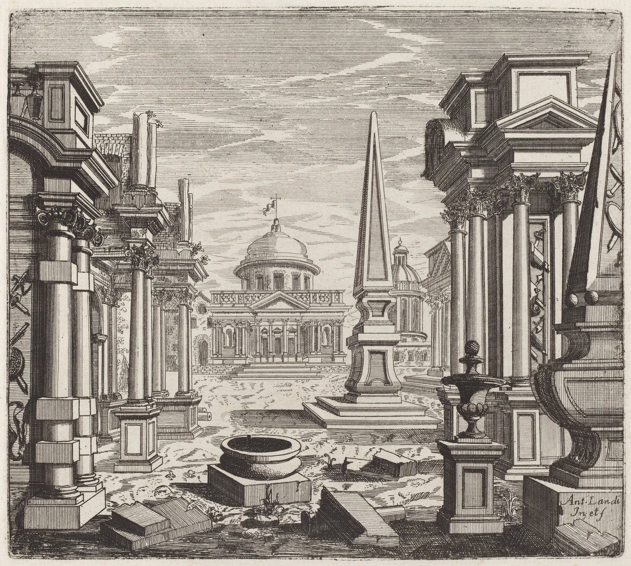 Architectonische fantasie met obelisken, ruïnes en een piazza door Giuseppe Antonio Landi