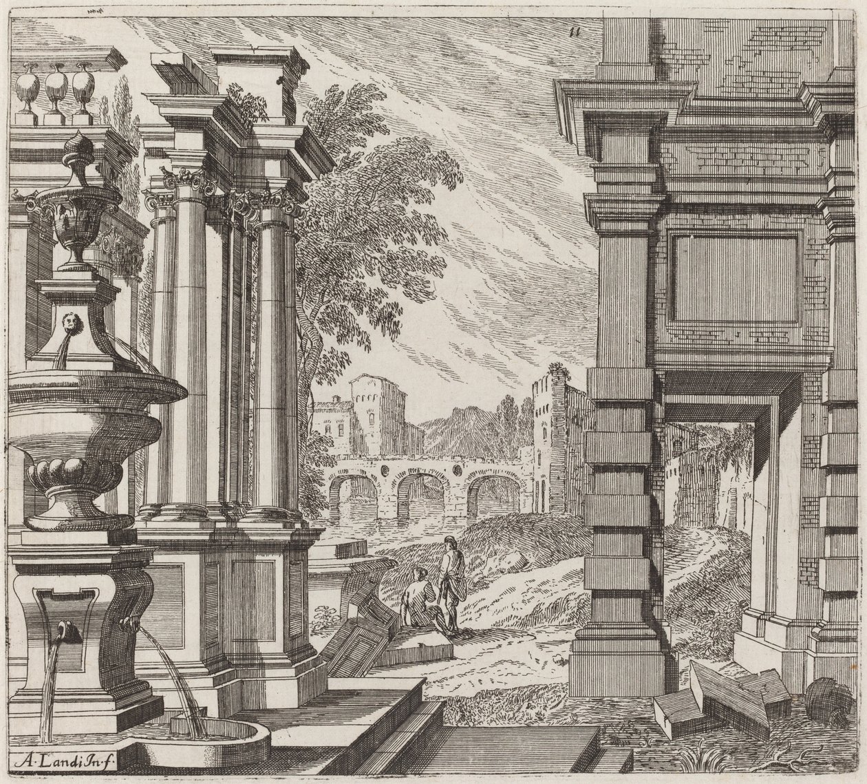 Architectonische Fantasie met een Fontein, Klassieke Ruïnes en een Brug door Giuseppe Antonio Landi