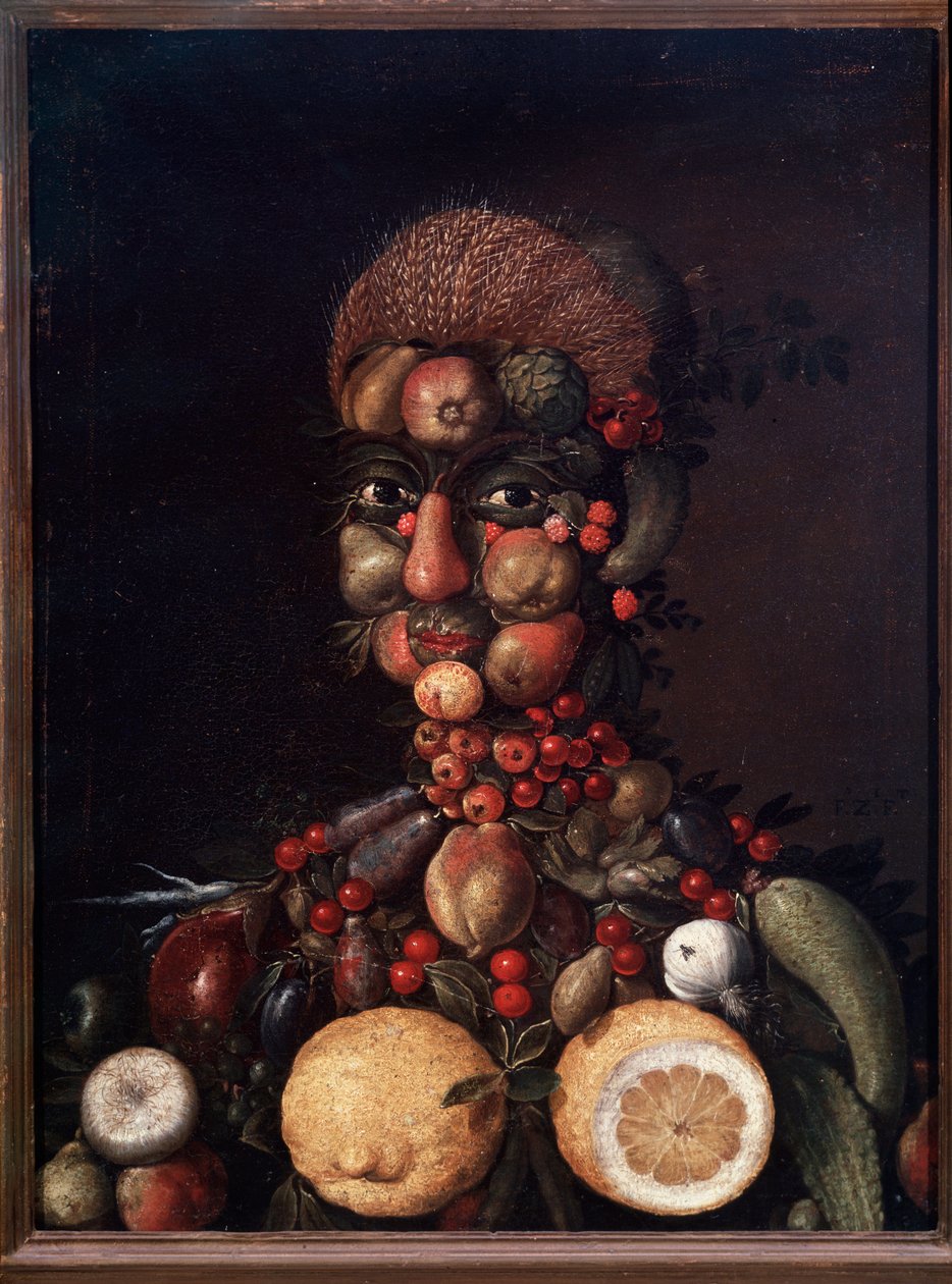 Menselijke figuur gemaakt van fruit en groenten door Giuseppe Arcimboldo