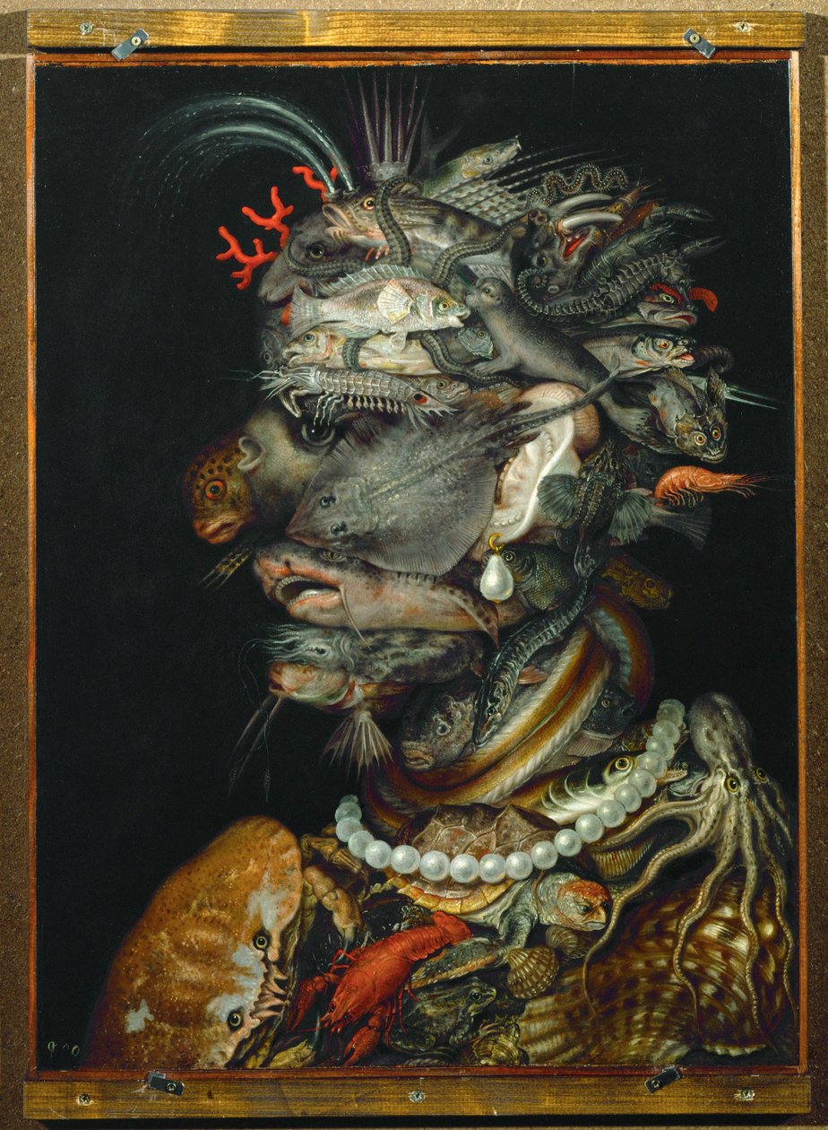 Water, allegorie (schilderij op lindehout) door Giuseppe Arcimboldo