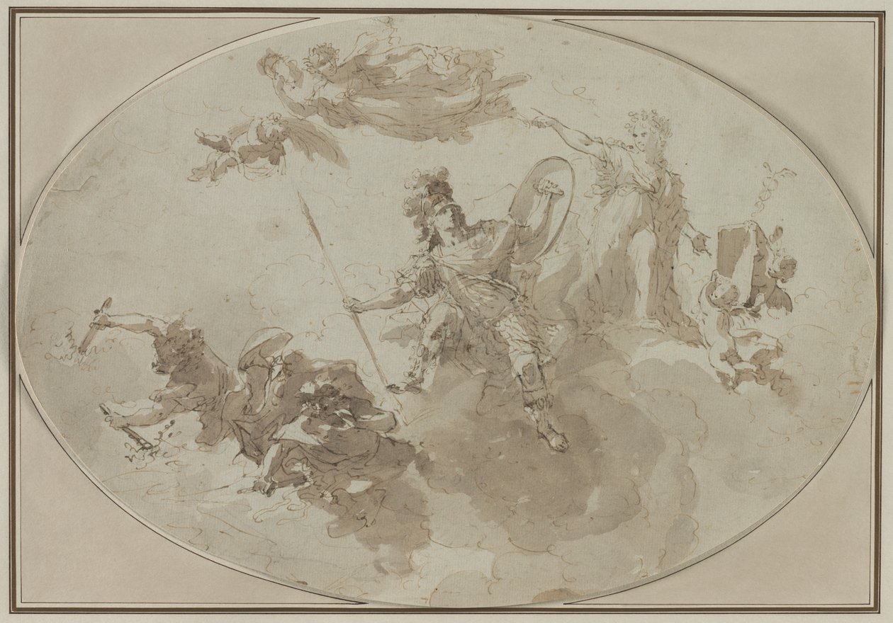 Plafondstudie: Allegorie van vrede en oorlog door Giuseppe Bernardino Bison