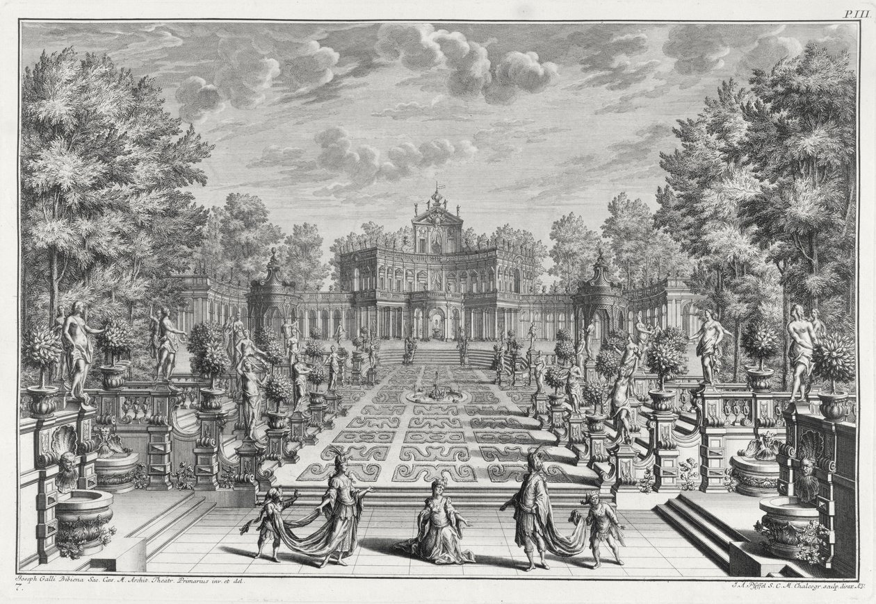 Decor voor een opera in een tuin, uit Architectus Theatralis Primarius, gegraveerd door Johann Andreas Pfeffel (1674-1748), gepubliceerd 1740 door Giuseppe Bibiena