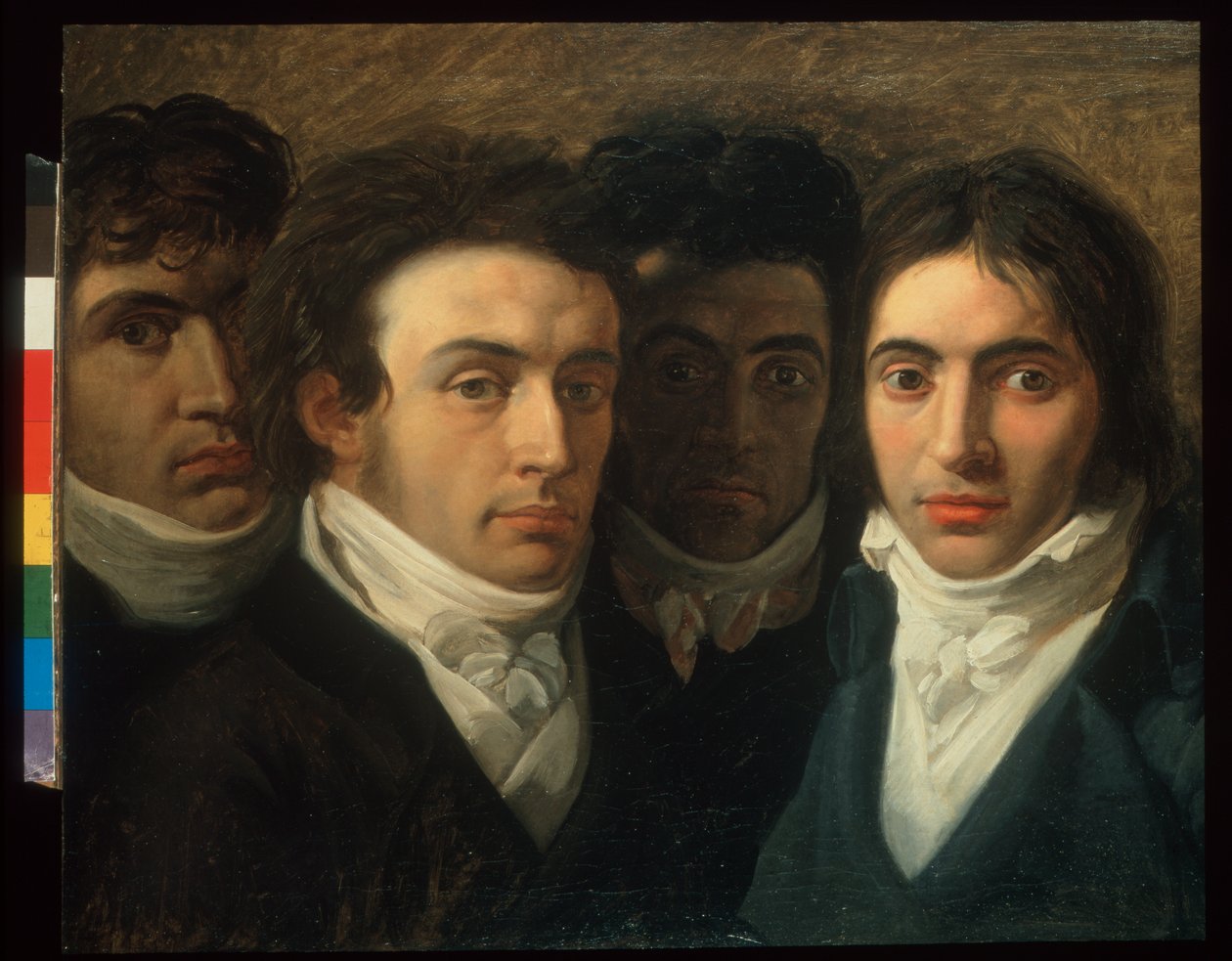 Zelfportret met Felice Bellotti, Gaetano Cattaneo en Carlo Porta door Giuseppe Bossi
