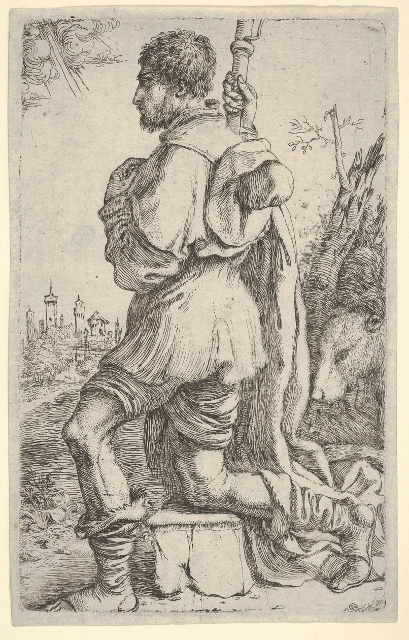 Sint Rochus, knielend op een steen, gezien vanaf de zijkant met zijn hond achter hem en een stad door Giuseppe Caletti