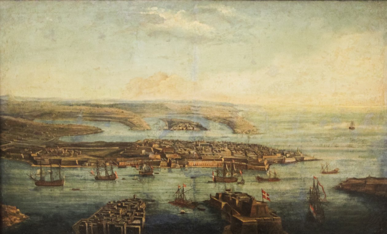 Een uitzicht op Grand Harbour, Marsamxett en Valletta door Giuseppe Caloriti