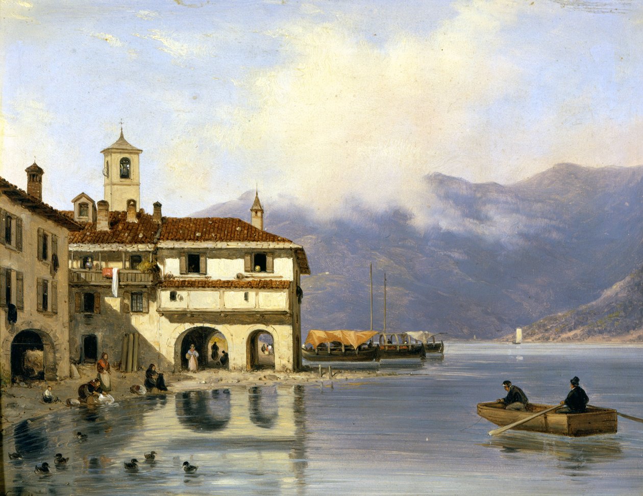 Como. Oever en haven van Menaggio (1850). Schilderij door Canella door Giuseppe Canella