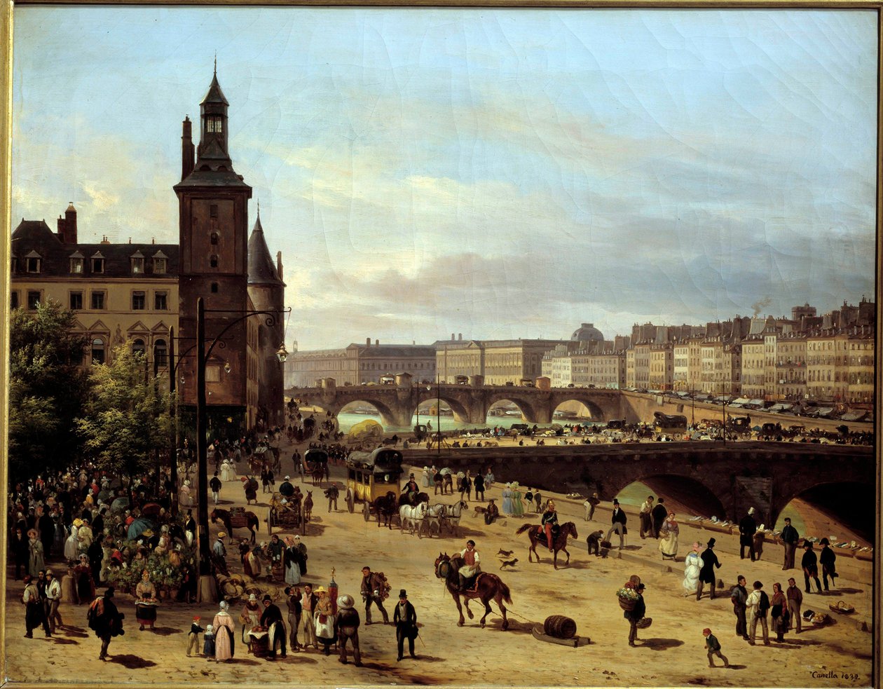 Zicht op de Bloemenwandeling, Klokkentoren, Pont au Change en Pont-Neuf in Parijs door Giuseppe Canella