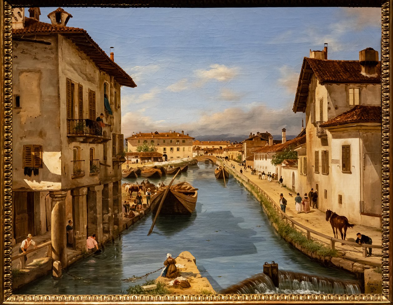 Uitzicht op het Naviglio Kanaal vanaf de brug van St. Mark door Giuseppe Canella