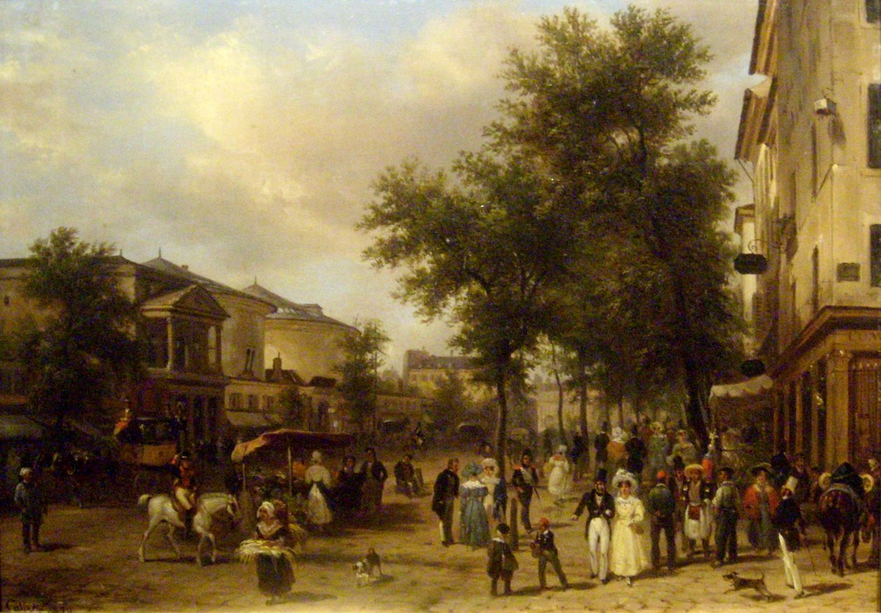 Gezicht op Boulevard Montmartre, Parijs [met het Théâtre des Variétés en de Passage des Panoramas]. door Giuseppe Canella