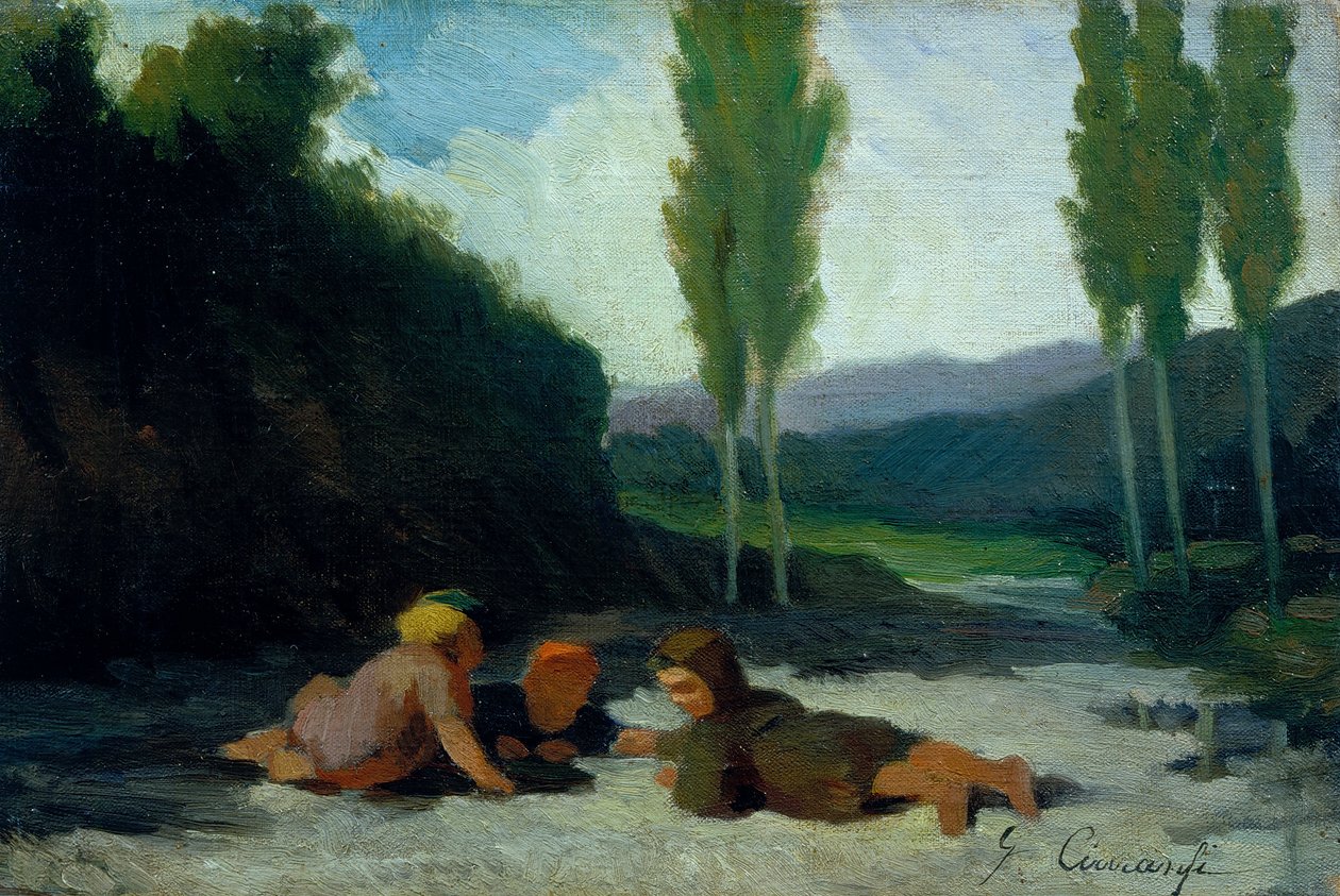 Kinderen die spelen aan de oever van een rivier door Giuseppe Ciaranfi