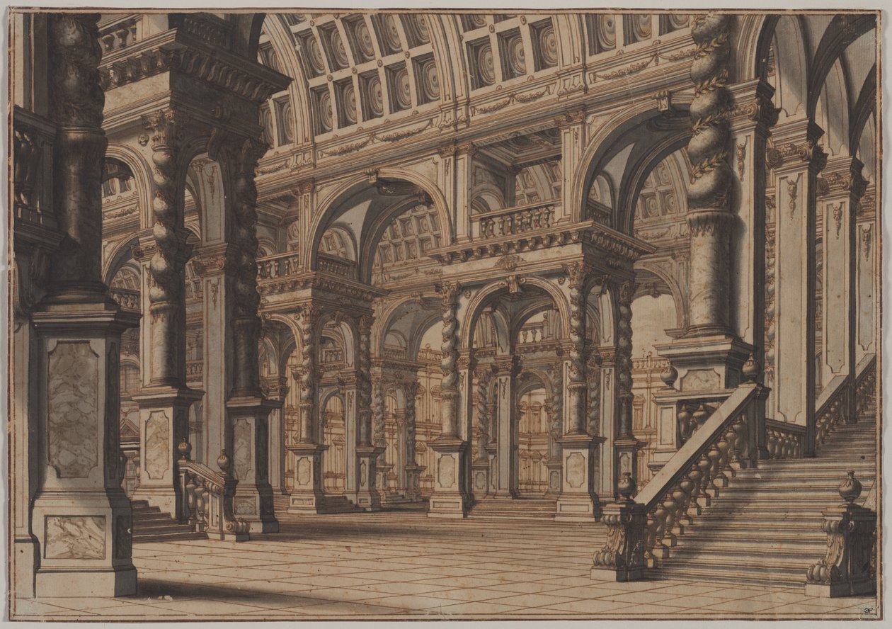 Monumentale Gewelfde Hal met Trap door Giuseppe Galli Bibiena