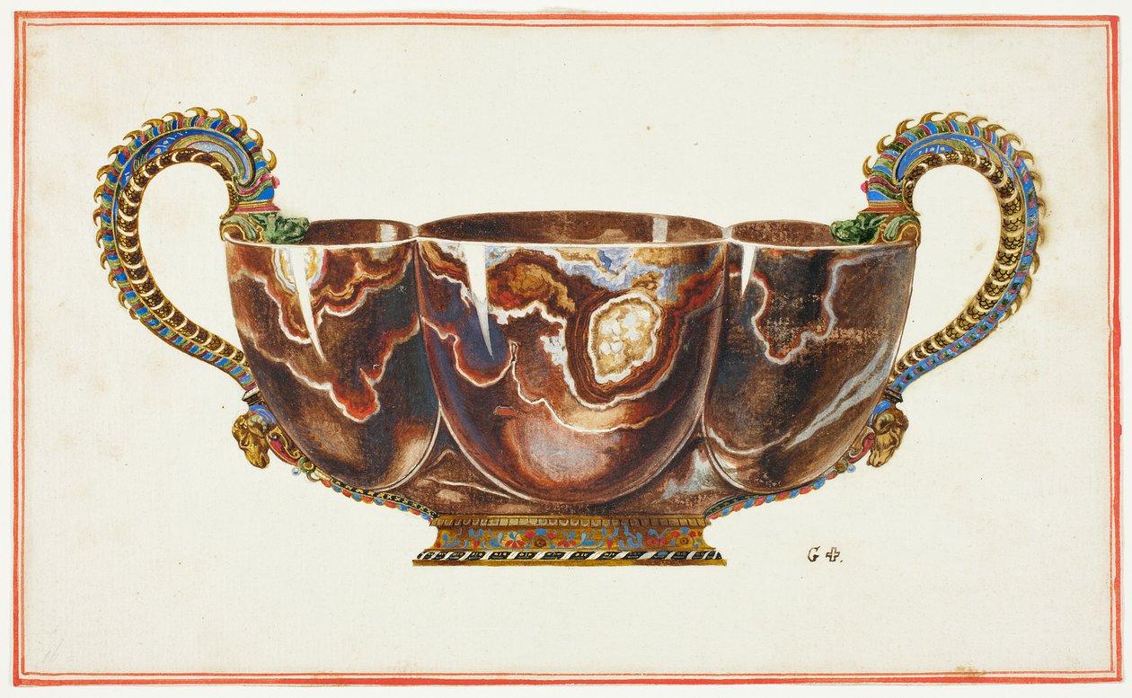 Bekken met geëmailleerde grepen, versierd met draak- en ramskoppen door Giuseppe Grisoni