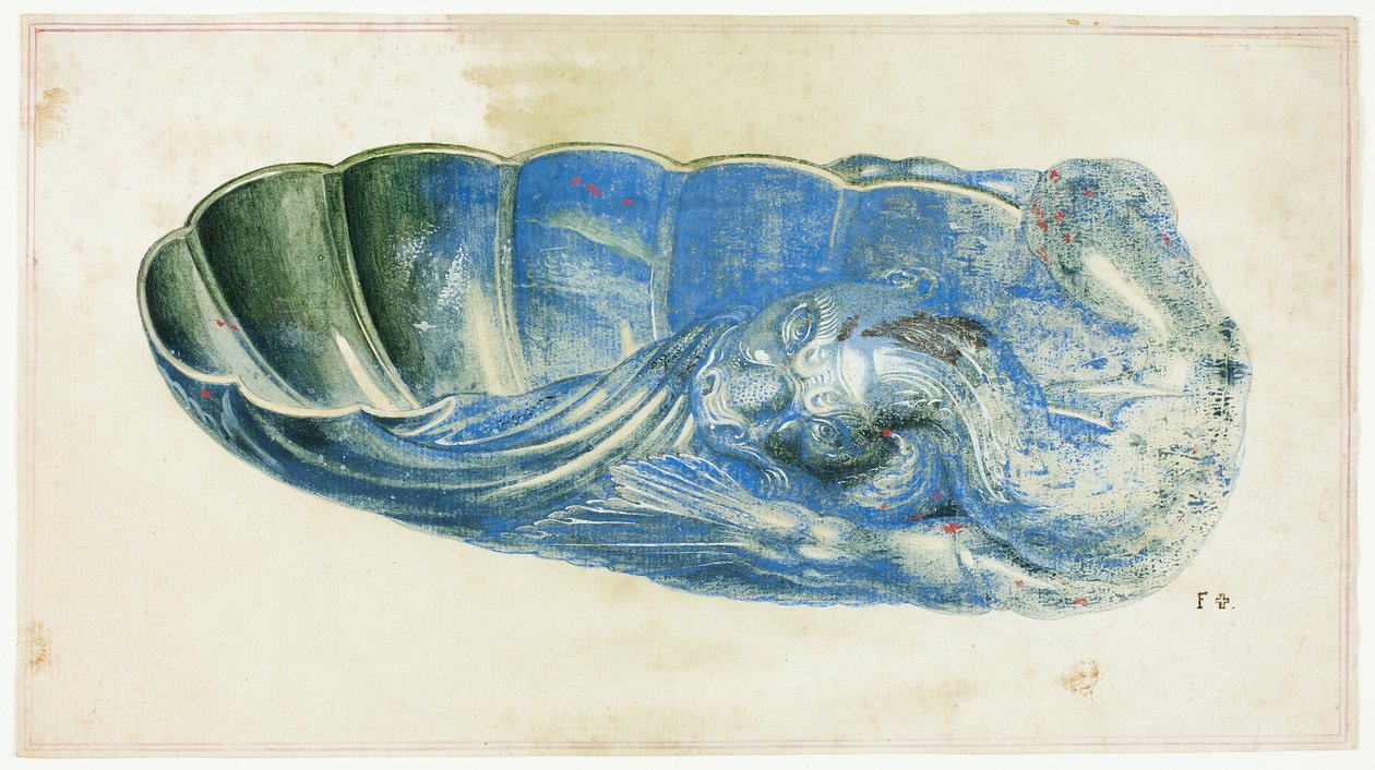 Blauw en groen schelp met drakenkop door Giuseppe Grisoni