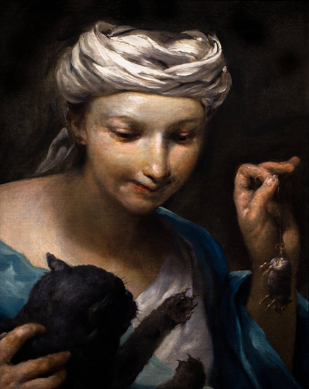 Klein meisje speelt met een kat en een dode muis (detail) door Giuseppe Maria (1665 1747) Crespi