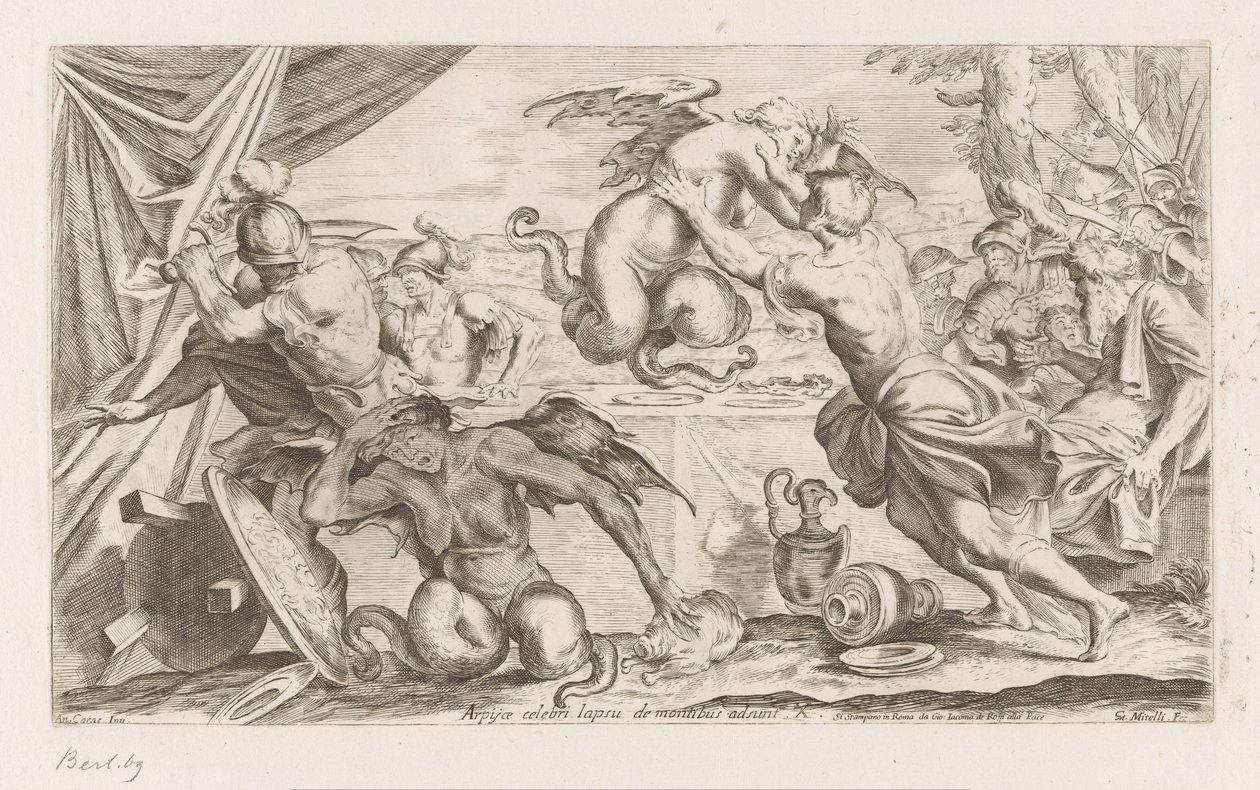 Aeneas en zijn metgezellen vechten met de Harpijen Omzwervingen van Aeneas (serietitel) L