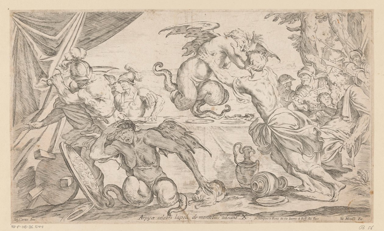 Aeneas en zijn metgezellen vechten met de Harpijen door Giuseppe Maria Mitelli