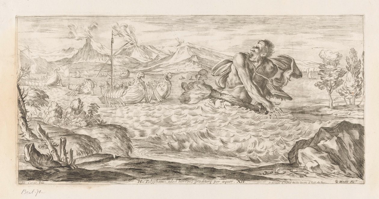 Polyphemus achtervolgt de vloot van Aeneas door Giuseppe Maria Mitelli