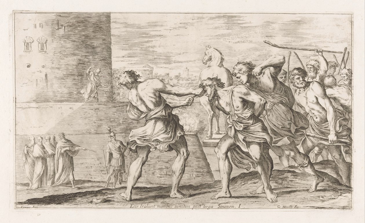 Trojanen nemen Sinon gevangen door Giuseppe Maria Mitelli