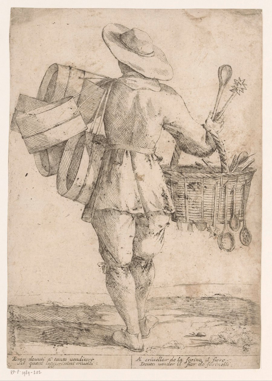 Verkoper van keukengereedschap (Straatverkopers in Bologna) door Giuseppe Maria Mitelli